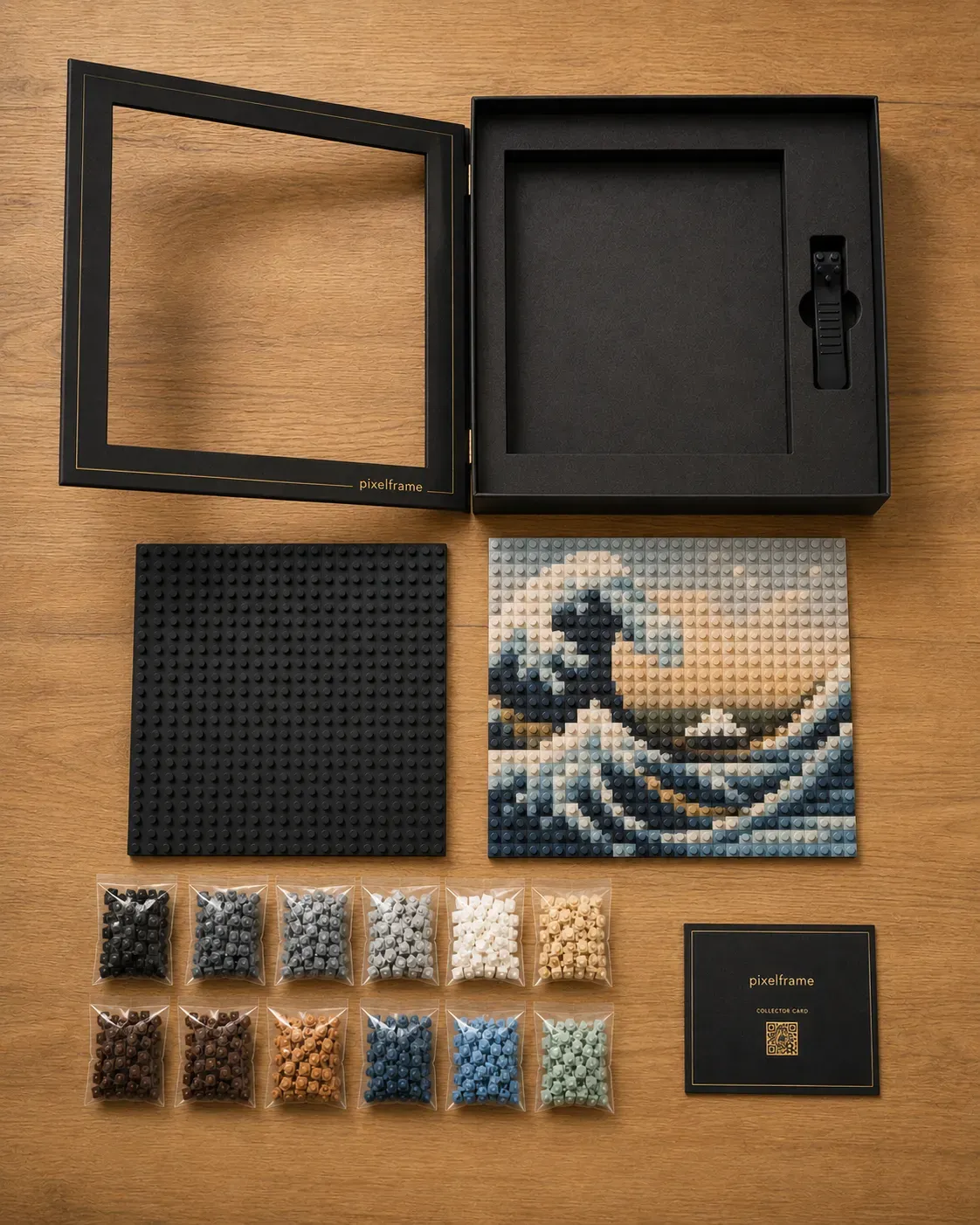 El kit PixelFrame: placa, piezas por color, brick separator y card de coleccionista